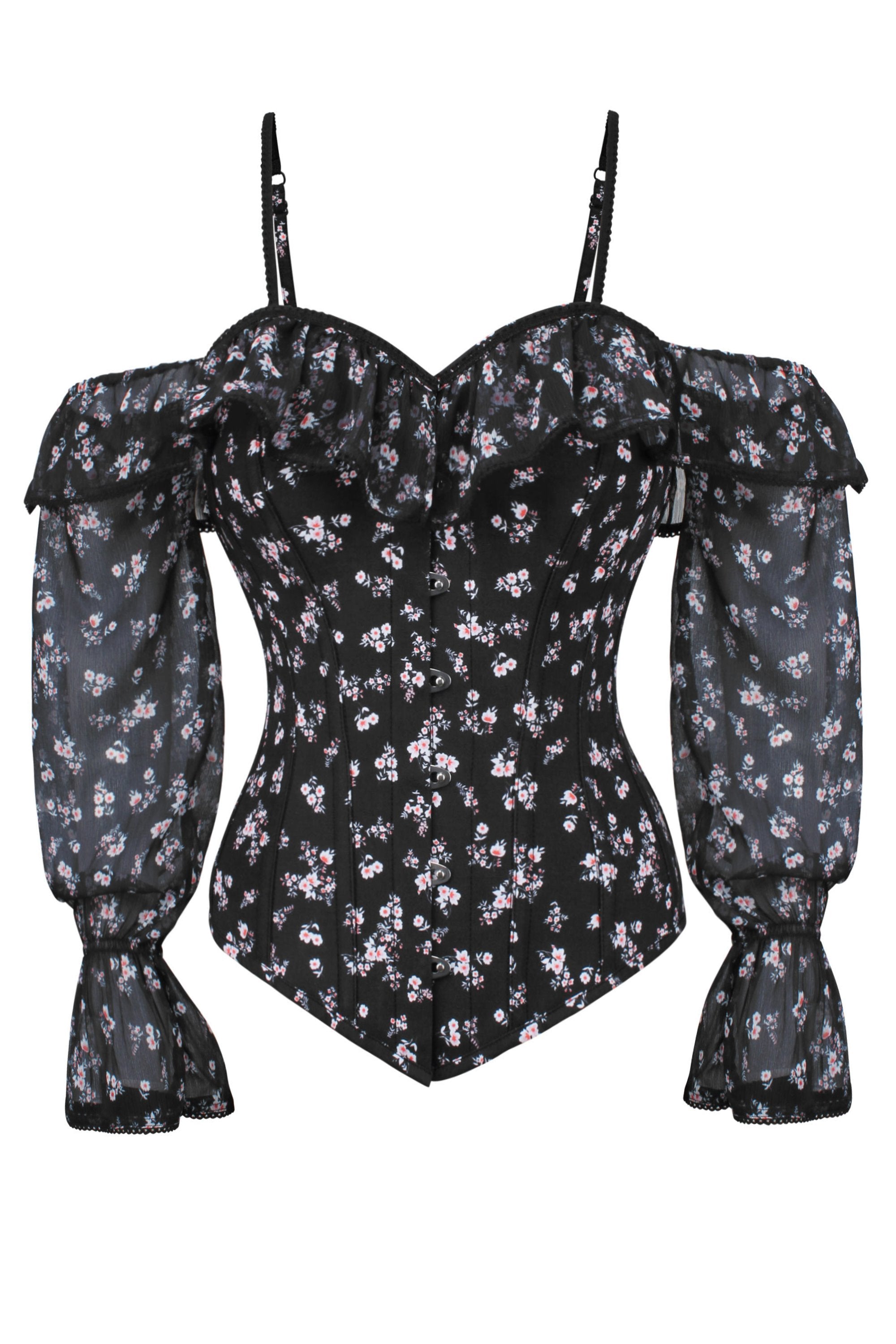 Long Sleeve Dark Ditsy Floral Corset Top with Cold Shoulder