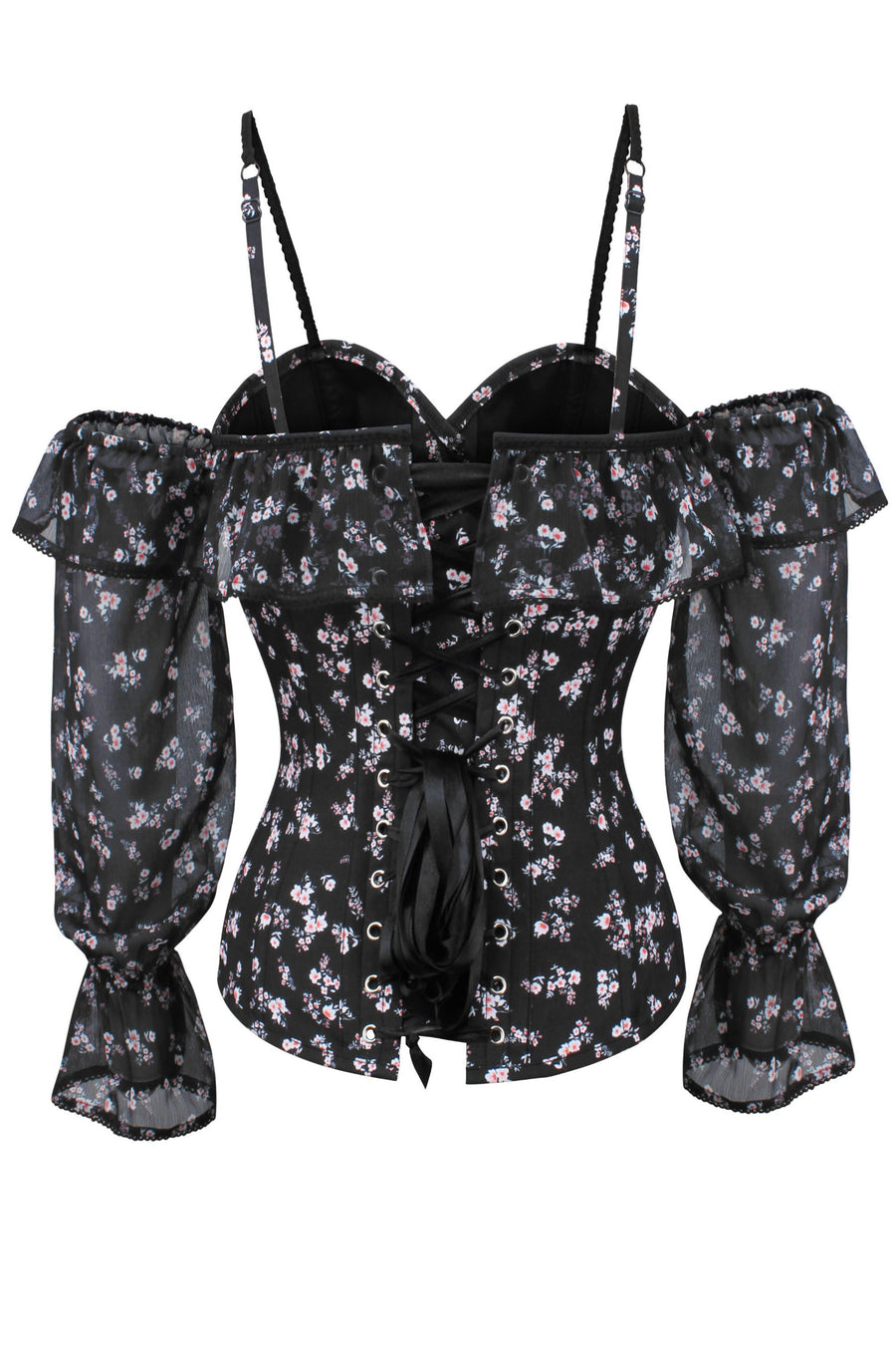 Long Sleeve Dark Ditsy Floral Corset Top with Cold Shoulder