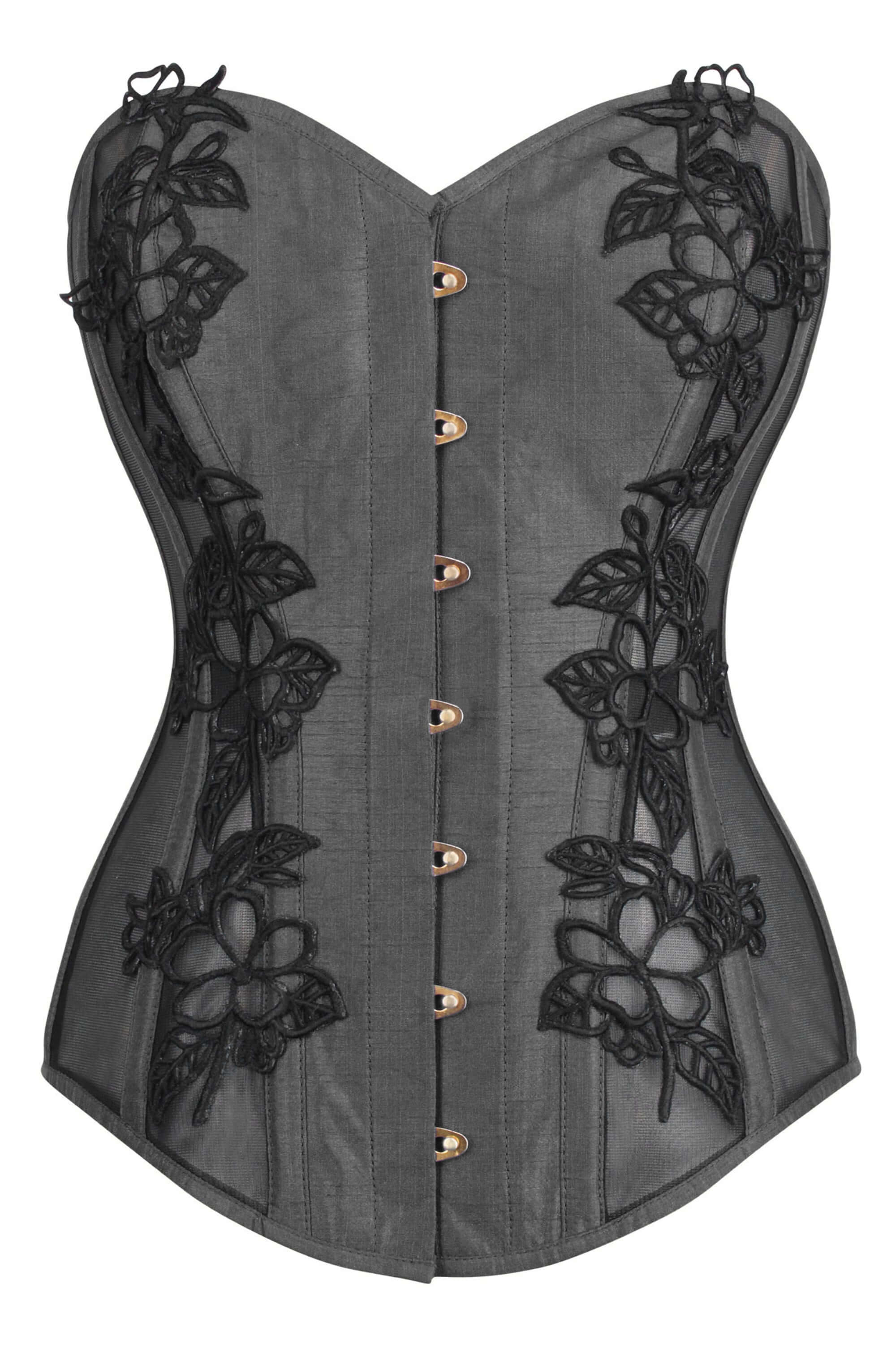 Black Longline Overbust Corset with Black Lace and Mesh Panels