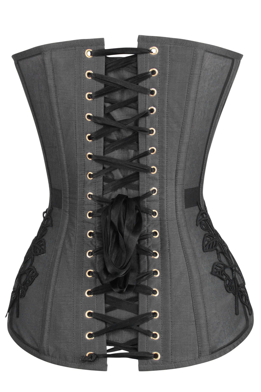 Black Longline Overbust Corset with Black Lace and Mesh Panels