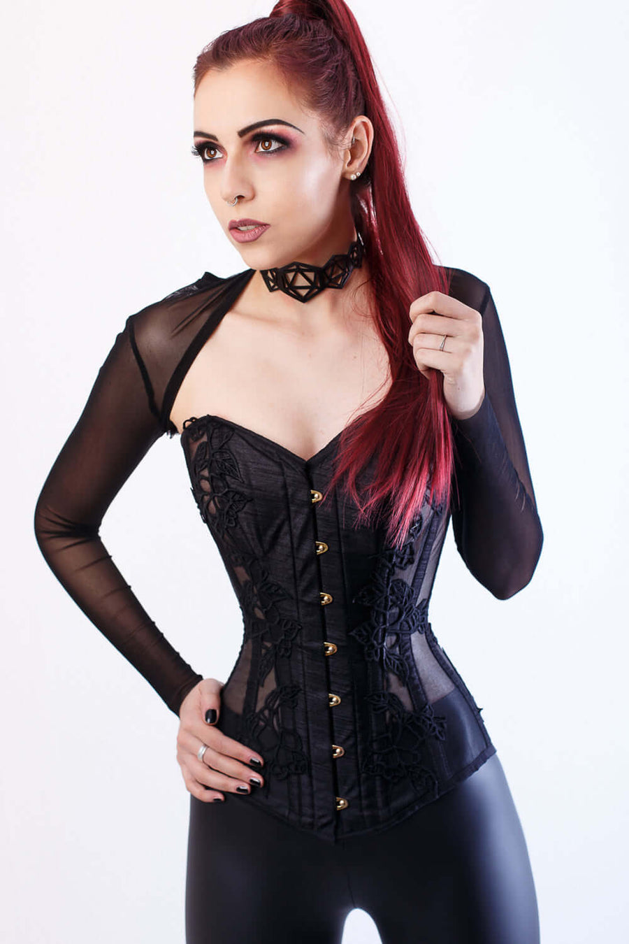 Black Longline Overbust Corset with Black Lace and Mesh Panels
